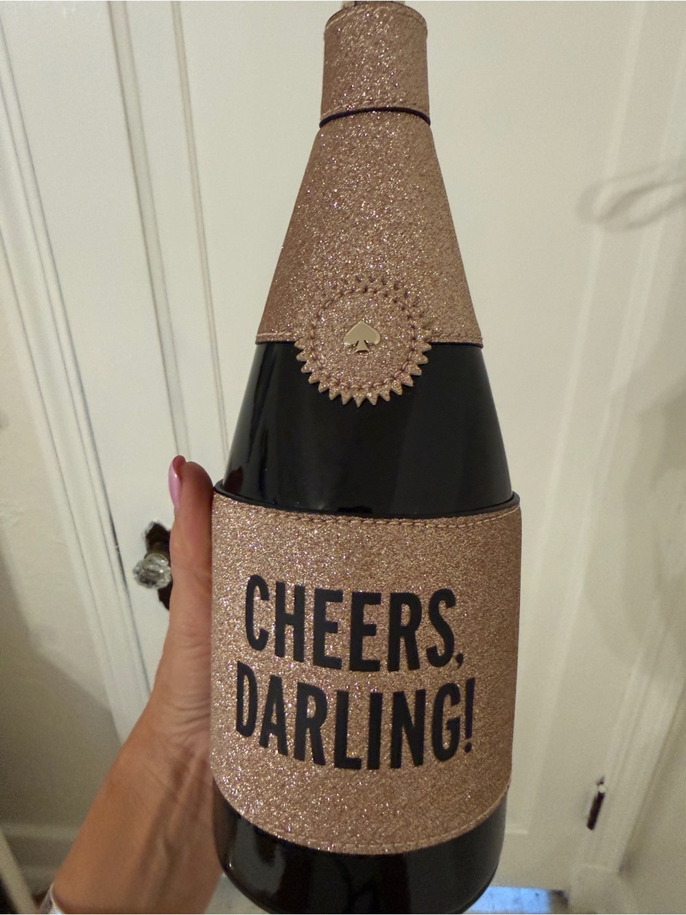kate spade Rose Gold Glitter Bottle Clutch purse. CHEERS DARLING!